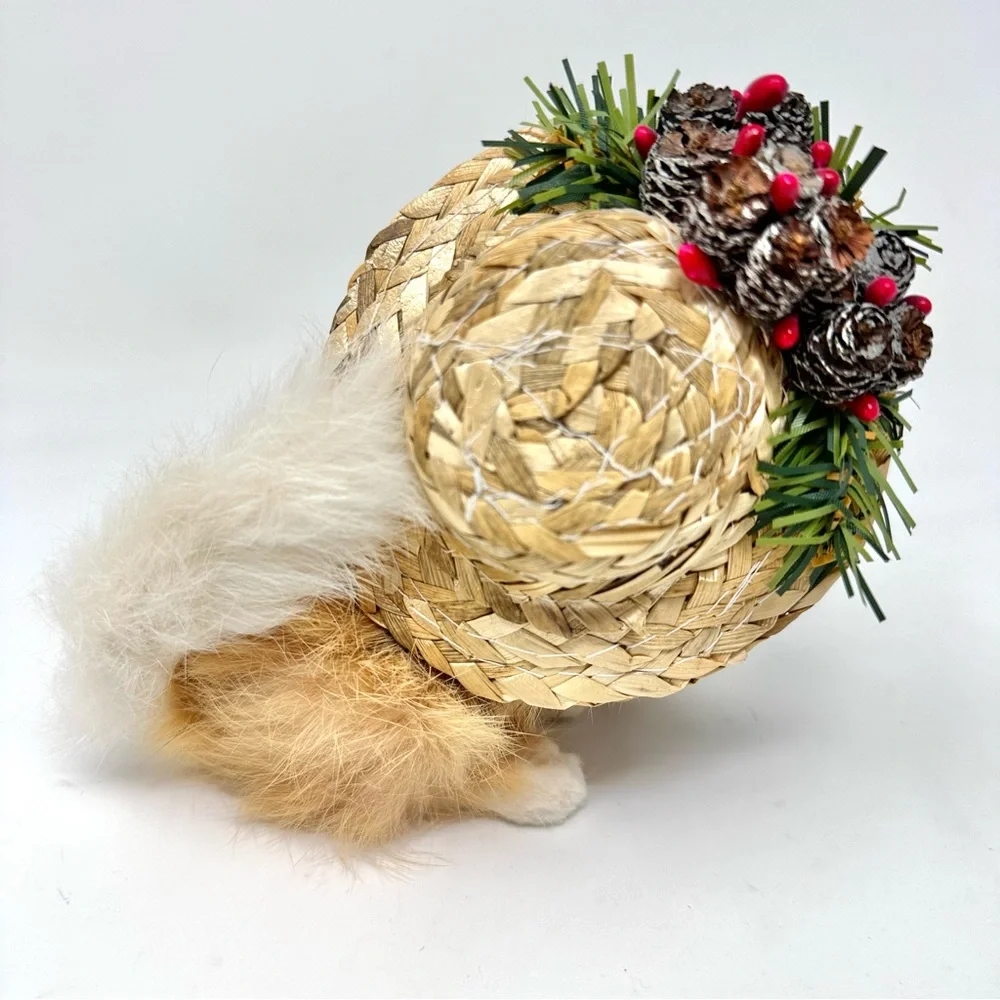 Vintage Miniature Real Fur Cat Figurine with Christmas Hat & Basket Buff White